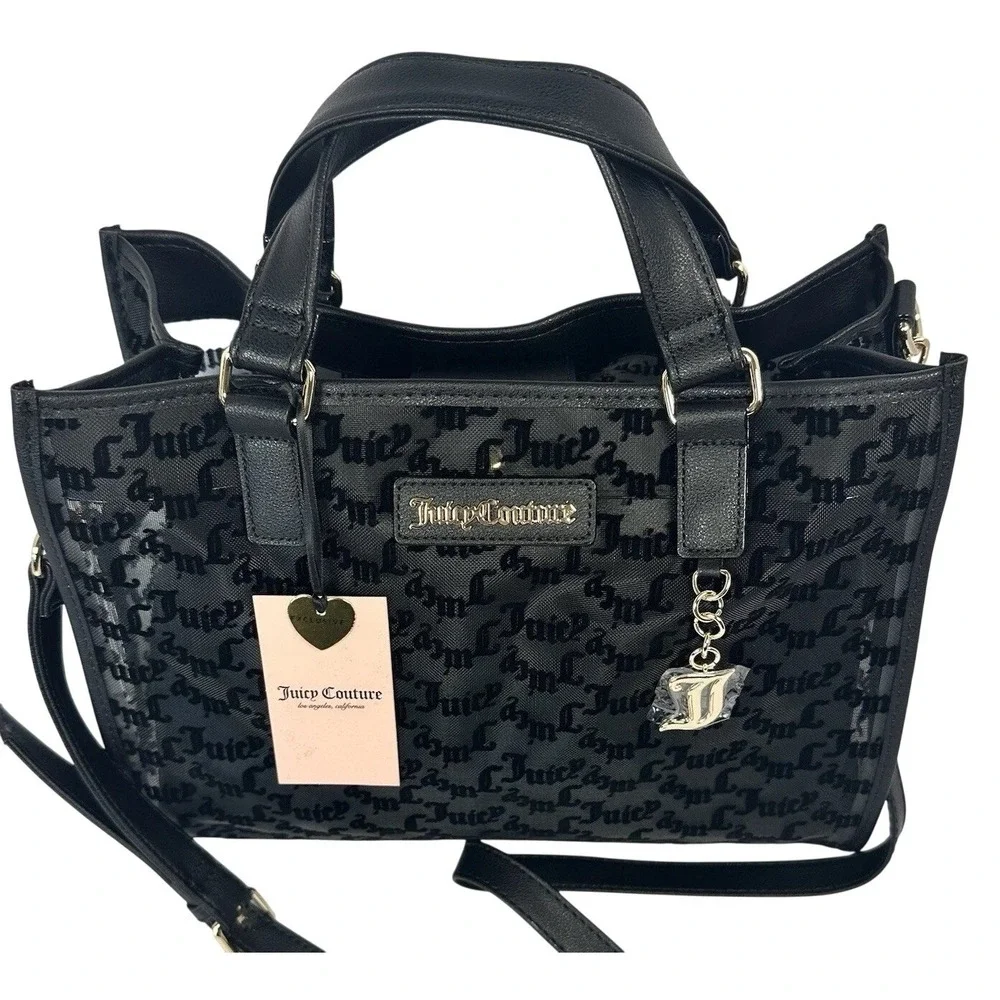 Juicy Couture Black Mesh Gothic Logo Satchel Crossbody Bag Gold Tone Hardware